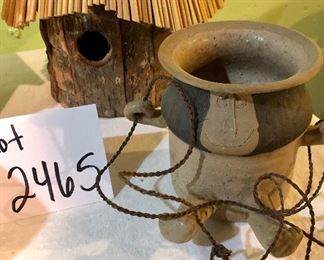 Lot 2465. $50.00. 2 Birdhouses and 1 studio pottery planter and candle lantern (could be a birdhouse, but there is no bottom). Tall BH: 17: tall