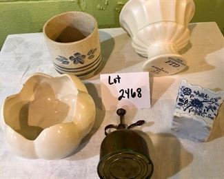 Lot 2468. $32.00. Sweet little planter lot. 1 Haeger Planter (#7-71), 1 white shell planter, White and blue planter, and small blue and white planter. Plus a small bronze water mister!