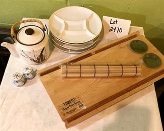 Lot 2470. $48.00. The perfect sushi night! Lot includes 4 sushi plates, teapot, J.K. Adams Co Tabeyo Elegant Asian Server (new), Sushi Roller, salt and pepper set.