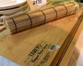 Lot 2470. $48.00. The perfect sushi night! Lot includes 4 sushi plates, teapot, J.K. Adams Co Tabeyo Elegant Asian Server (new, still in plastic), Sushi Roller, salt and pepper set.