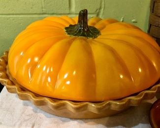 Lot 2473. $38.00. Let's continue on this fall journey, shall we? 1 Woven Picnic Basket with lid (great shape, nice medium wood color, adorable covered pumpkin dish, and 2 ramekins Basket: 18"w x 12"d x 9"t