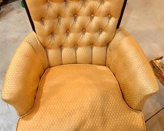 Lot 2475. $70.00. Tufted Rolled Arm Chair, sold as is. This chair has AMAZING bones! Look at the details on the legs! "30"" w x 27"" tall. seat: 20""d x 17""h"
