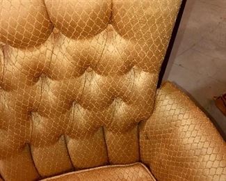 Lot 2475. $70.00. Tufted Rolled Arm Chair, sold as is. This chair has AMAZING bones! Look at the details on the legs! "30"" w x 27"" tall. seat: 20""d x 17""h"