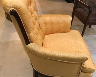 Lot 2475. $70.00. Tufted Rolled Arm Chair, sold as is. This chair has AMAZING bones! Look at the details on the legs! "30"" w x 27"" tall. seat: 20""d x 17""h"