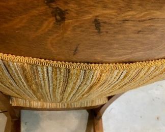 Lot 2477. $50.00. Interesting vintage Oak Rocker with striped upholstery. The wood details are incredible, but the fabric needs a good cleaning! Measures: 29"w x 41"t. seat: 19"d x 14"h