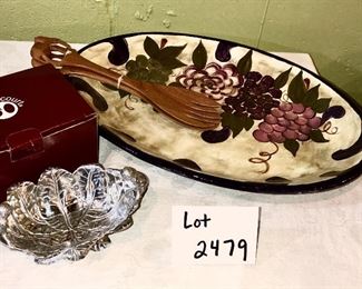 Lot 2479. $43.00. Arthur Court Monkey Bowl Palm Nut Dish, Elephant Salad Servers, and Ceramic Plater (Grape Motif)