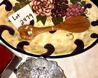 Lot 2479. $43.00. Arthur Court Monkey Bowl Palm Nut Dish, Elephant Salad Servers, and Ceramic Plater (Grape Motif)