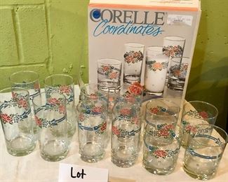 Lot 2481. $24.00. Corelle Coordinates Glasses, 3 sizes, 4 glasses of each size. 12 glasses. Vintage, Pink, Blue, Green.