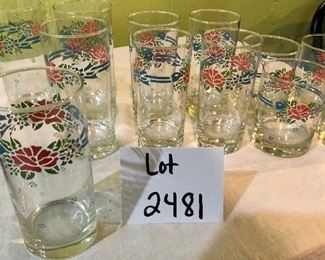 Lot 2481. $24.00. Corelle Coordinates Glasses, 3 sizes, 4 glasses of each size. 12 glasses. Vintage, Pink, Blue, Green.