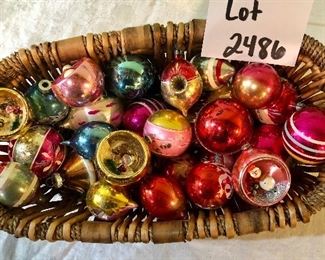 Lot 2486. $80.00. A fave! Add to your vintage ornament collection. Includes 4 really cool diorama style ornaments! Vintage Ornaments (25+) plus pretty basket.