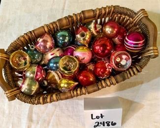Lot 2486. $80.00. A fave! Add to your vintage ornament collection. Includes 4 really cool diorama style ornaments! Vintage Ornaments (25+) plus pretty basket.