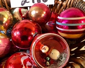 Lot 2486. $80.00. A fave! Add to your vintage ornament collection. Includes 4 really cool diorama style ornaments! Vintage Ornaments (25+) plus pretty basket.