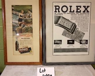 Lot 2489. $50.00 for the pair. Cool vintage advertisements! Dr. Pepper (for active people, lol) and Rolex (in French)