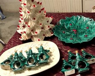 Lot 2490. $95.00. Vintage White Christmas Tree with red lights (no base), 12 napkin holders, 2 Christmas platters.