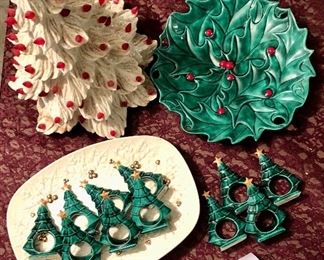 Lot 2490. $95.00. Vintage White Christmas Tree with red lights (no base), 12 napkin holders, 2 Christmas platters.