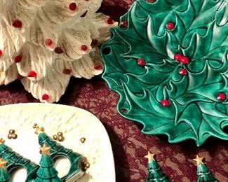 Lot 2490. $95.00. Vintage White Christmas Tree with red lights (no base), 12 napkin holders, 2 Christmas platters.
