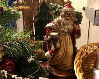 Lot 2491. $55.00. Christmas Centerpiece, rustic santa, tree sleigh, basket of 15 glitter ornaments