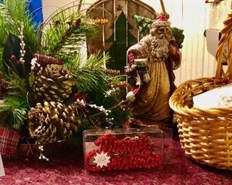 Lot 2491. $55.00. Christmas Centerpiece, rustic santa, tree sleigh, basket of 15 glitter ornaments