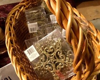 Lot 2491. $55.00. Christmas Centerpiece, rustic santa, tree sleigh, basket of 15 glitter ornaments