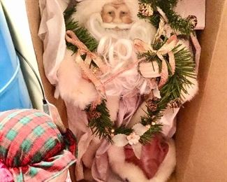 Lot 2492. $40.00. English Garden Porcelain Santa Doll (16" tall), Santa Head w/Bells, Santa Canister, and plush Mrs Claus