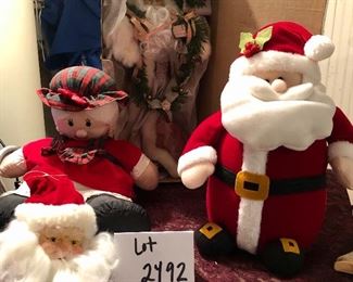 Lot 2492. $40.00. English Garden Porcelain Santa Doll (16" tall), Santa Head w/Bells, Santa Canister, and plush Mrs Claus