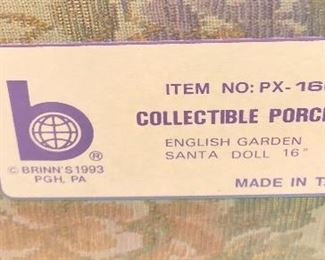 Lot 2492. $40.00. English Garden Porcelain Santa Doll (16" tall), Santa Head w/Bells, Santa Canister, and plush Mrs Claus
