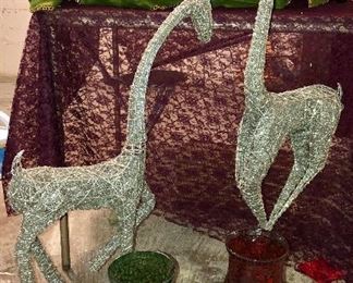 Lot 2495. $45.00. 2 glitter reindeer (39"t and 36" tall), Red and Green Mosaic Hurricane Shades