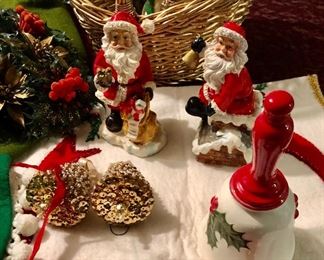 Lot 2496. $40.00. Vintage-Kitsch. Faux floral, 2 wax santas, 2 sequined ornaments, felted skirt, runner and toilet seat cover (hilarious), boxed ornament, gold basket.