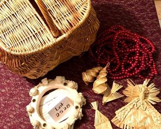 Lot 2528. $30.00. Covered Woven Basket, Abbey Advent Wreath, Wood Garland, 5 woven ornaments 20"w x 13"d x 17"h
