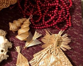 Lot 2528. $30.00. Covered Woven Basket, Abbey Advent candle Wreath, Wood Garland, 5 woven ornaments 20"w x 13"d x 17"h
