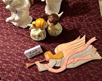Lot 2529. $38.00. Who doesn't need an angel? This lot includes 6 angels. One is a wood carving wall hanging, pair of white iridescent angels, pair of kissing angels, and a tall slender angel (19").