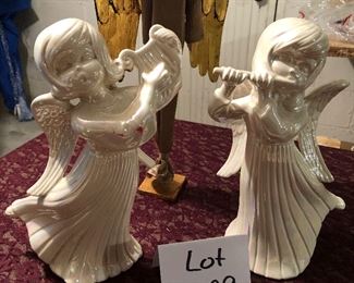 Lot 2529. $38.00. Who doesn't need an angel? This lot includes 6 angels. One is a wood carving wall hanging, pair of white iridescent angels, pair of kissing angels, and a tall slender angel (19").