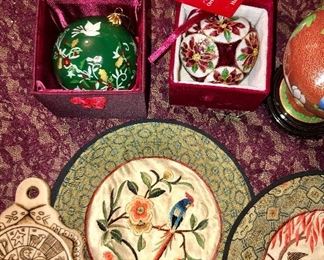 Lot 2534. $60.00. Travel the world in one Lot! Cloisonne vase with stand. 1 cloisonne ornament and 1 green glass ornament, both in their own presentation boxes, an interesting trivet/wall hanging, cloisonne: frame, pin, clippers, candlesticks, circle silks, 3 Egyptian "papyrus" prints. Please note that each one of these items might make a good gift, as nearly all have not been used or displayed and some are in orig. boxes. Do all your Holiday Shopping in one click!