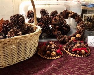 Lot 2537. $20.00. Pinecones, Pinecones and more pinecones..plus a handled basket, Wreath and Two Candle Holders (perfect for Thanksgiving),