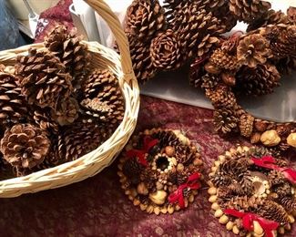 Lot 2537. $20.00. Pinecones, Pinecones and more pinecones..plus a handled basket, Wreath and Two Candle Holders (perfect for Thanksgiving),