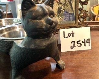 Lot 2544 $50.00. Cast Iron Frame (broken glass) and Cat Bowl
