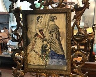 Lot 2544 $50.00 Cast Iron Frame (broken glass) and Cast Iron Stand with 2 Cat Bowls,