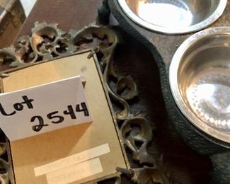 Lot 2544 $50.00 Cast Iron Frame (broken glass) and Cast Iron Stand with 2 Cat Bowls, Cast Iron Cat