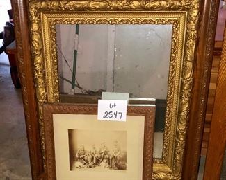 Lot 2547 $100.00 Antique Mirror with Dark Wood Frame and Brass Embellishment and Framed Print of Menn with Dogs Hunting "Mirror: 30"W x 25.5" H
Men w/dogs: 15" x 16"