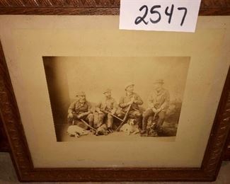 Lot 2547 $100.00 Antique Mirror with Dark Wood Frame and Brass Embellishment and Framed Print of Menn with Dogs Hunting "Mirror: 30"W x 25.5" H
Men w/dogs: 15" x 16"