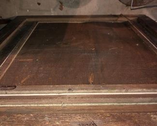 Lot 2548 $125.00 Antique Bevelled Mirror with Oak Frame and Brass Embellishment around Mirror 32" H x 27.5" W. View of Back of Frame