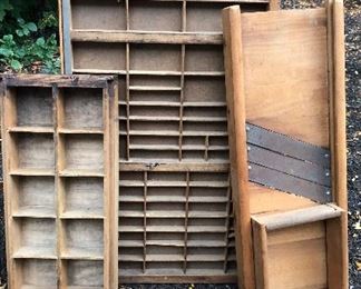 Lot 2549 $45.00 2 Vintage Printer Stamp Trays and 1 Mandelin Slicer Dicer with wall mount) and 1 Wood Sled.