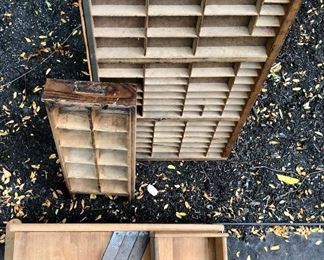 Lot 2549 $45.00 2 Vintage Printer Stamp Trays and 1 Mandelin Slicer Dicer with wall mount) and 1 Wood Sled.