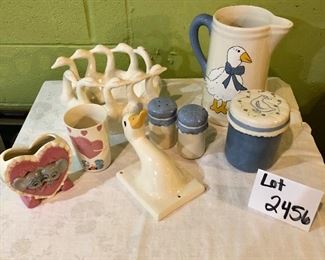 Lot 2456. $30.00. Duck Ceramics Lot. Duck Wall Hanging, Duck Pitcher, Covered Jar, Salt and Pepper Shaker, Duck Bowl, Mouse and Heart Cup, Mouse and Heart Planter.