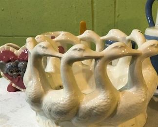 Lot 2456. $30.00. Duck Ceramics Lot. Duck Wall Hanging, Duck Pitcher, Covered Jar, Salt and Pepper Shaker, Duck Bowl, Mouse and Heart Cup, Mouse and Heart Planter.