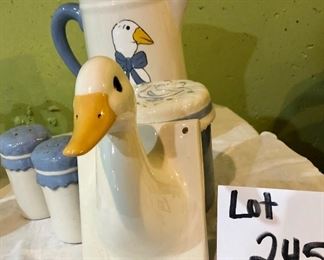 Lot 2456. $30.00. Duck Ceramics Lot. Duck Wall Hanging, Duck Pitcher, Covered Jar, Salt and Pepper Shaker, Duck Bowl, Mouse and Heart Cup, Mouse and Heart Planter.