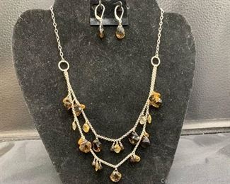 Sterling Double Strand Necklace Citrine and Quartz and Matching Earrings