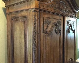 Heckmann Computer Workcenter, One Piece, Height Seven Feet Four Inches, Sides Height Six Feet Ten Inches, Width Four Feet, Depth Twenty-One and Five Inches, Pull Out Keyboard & Printer Shelf, Two Pocket Doors, One File Drawer, Adjustable Shelves, One Wrist Rest, Electrical Receptacle