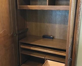 Heckmann Computer Workcenter, One Piece, Height Seven Feet Four Inches, Sides Height Six Feet Ten Inches, Width Four Feet, Depth Twenty-One and Five Inches, Pull Out Keyboard & Printer Shelf, Two Pocket Doors, One File Drawer, Adjustable Shelves, One Wrist Rest, Electrical Receptacle