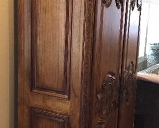 Heckmann Computer Workcenter, One Piece, Height Seven Feet Four Inches, Sides Height Six Feet Ten Inches, Width Four Feet, Depth Twenty-One and Five Inches, Pull Out Keyboard & Printer Shelf, Two Pocket Doors, One File Drawer, Adjustable Shelves, One Wrist Rest, Electrical Receptacle